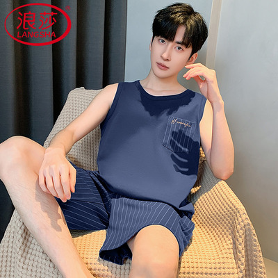 夏季男士睡衣无袖背心纯棉家居服