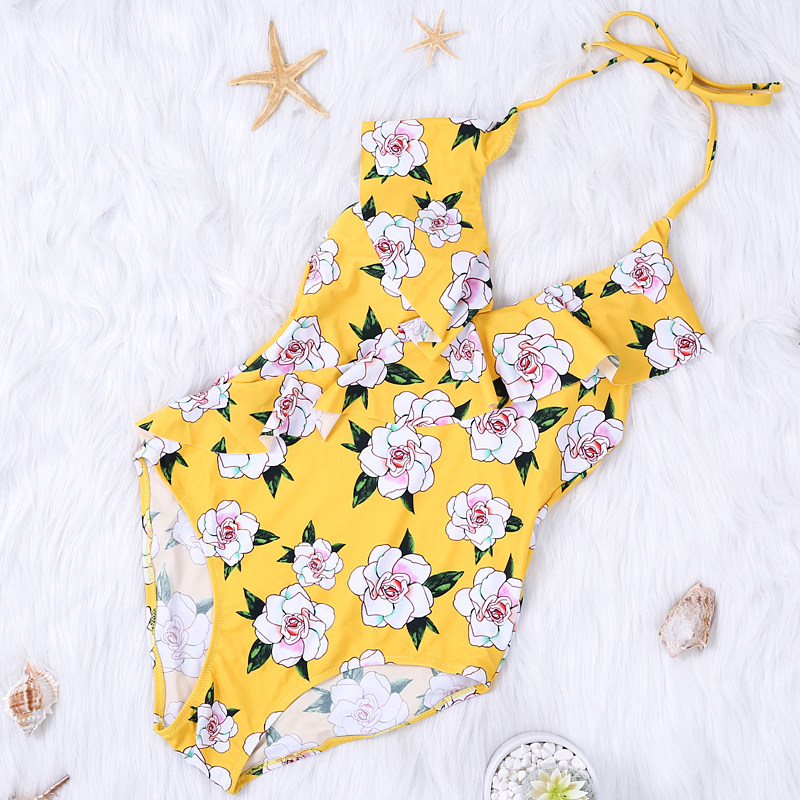 新款挂露背脖黄色连体泳衣显瘦遮肚大小胸女荷叶边温泉保守泳装女