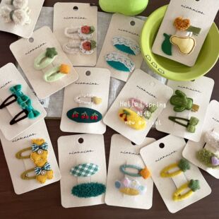 niannian念念早春复古绿色系儿童发夹布艺蕾丝可爱边夹蝴蝶结发卡