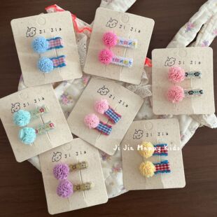 韩系儿童布艺发夹可爱毛球儿童边夹甜美碎花格纹鸭嘴夹宝宝发饰