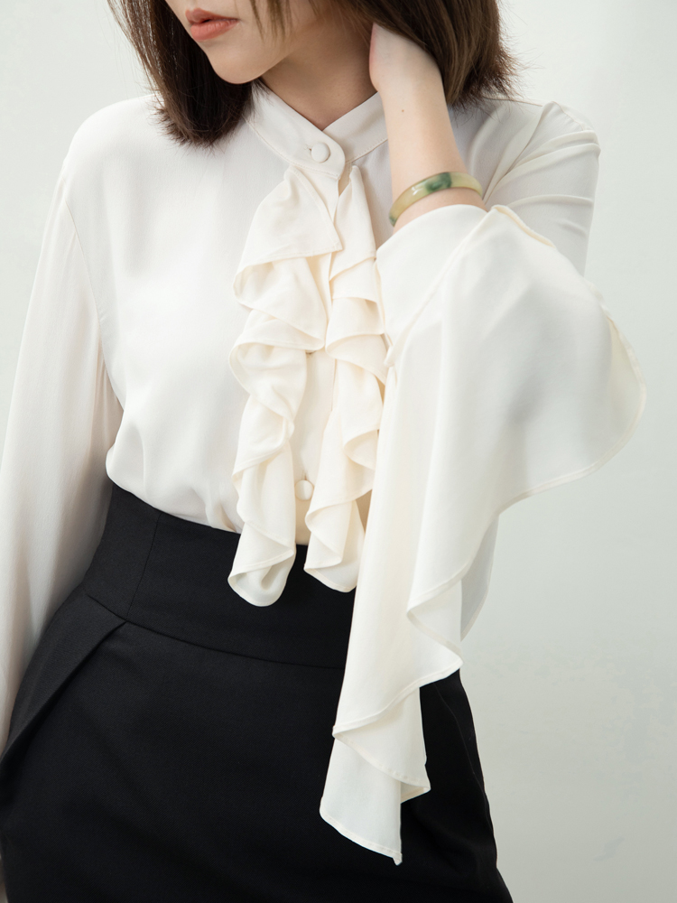 Boss Z acetate georgette ruffled collar long-sleeved straight loose shirt ruffled sleeves elegant shirt female