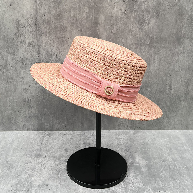 粉色平顶草帽女夏季海边度假遮阳帽子宽帽檐拉菲草编礼帽甜美淑女