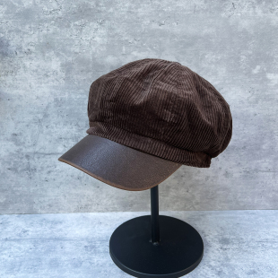 25新款 洋气深咖灯芯绒八角帽女秋冬百搭文艺画家帽复古贝雷帽 韩版