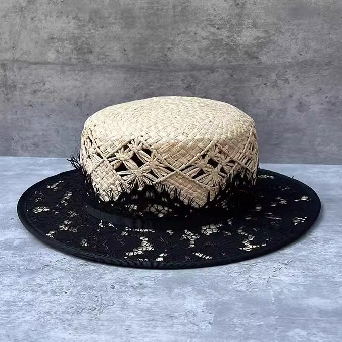 夏季法式手编拉菲草平顶帽女复古蕾丝草编赫本风出游防晒遮阳草帽