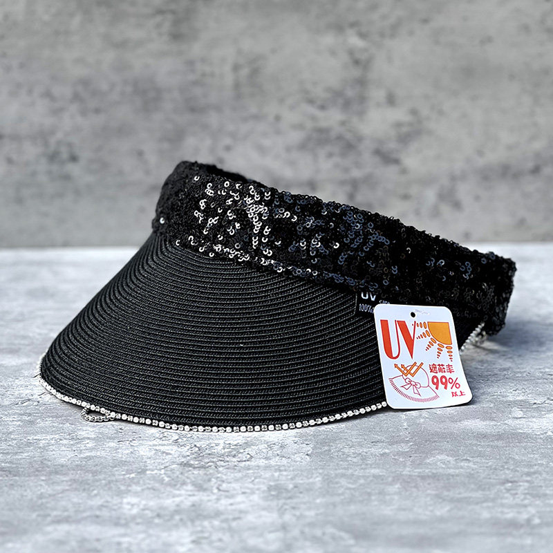法式夏季新款重手工亮片时尚百搭遮脸防晒空顶帽女链条遮阳uv草帽