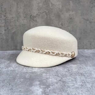 日本款 饰羊毛呢礼帽女秋冬英伦复古鸭舌帽马术帽棒球帽 编织链子装