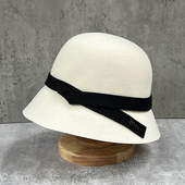 秋冬赫本风蝴蝶结白色盆帽女英伦优雅礼帽韩版 羊毛呢圆顶渔夫帽潮