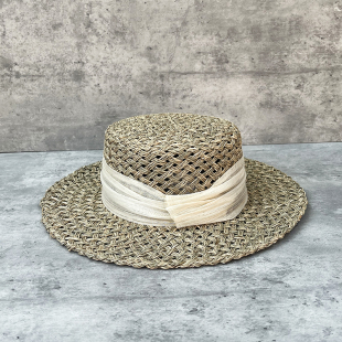 海边度假草帽女夏季 饰法式 咸草编镂空平顶遮阳礼帽 丝麻装 博主同款