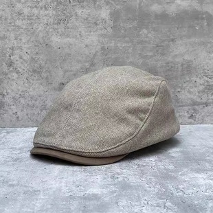25秋冬英式复古前进帽男女帽子羊毛呢人字纹鸭舌贝雷帽潮人画家帽