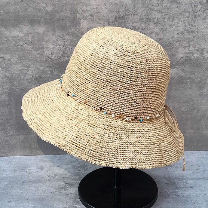 春夏季度假民族风拉菲草手编大檐遮阳帽女可折叠休闲草帽时尚盆帽