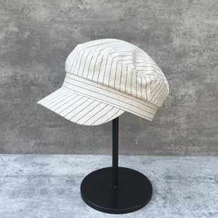 25新款 日系条纹平顶帽休闲复古百搭麻布报童帽女春夏显脸小画家帽