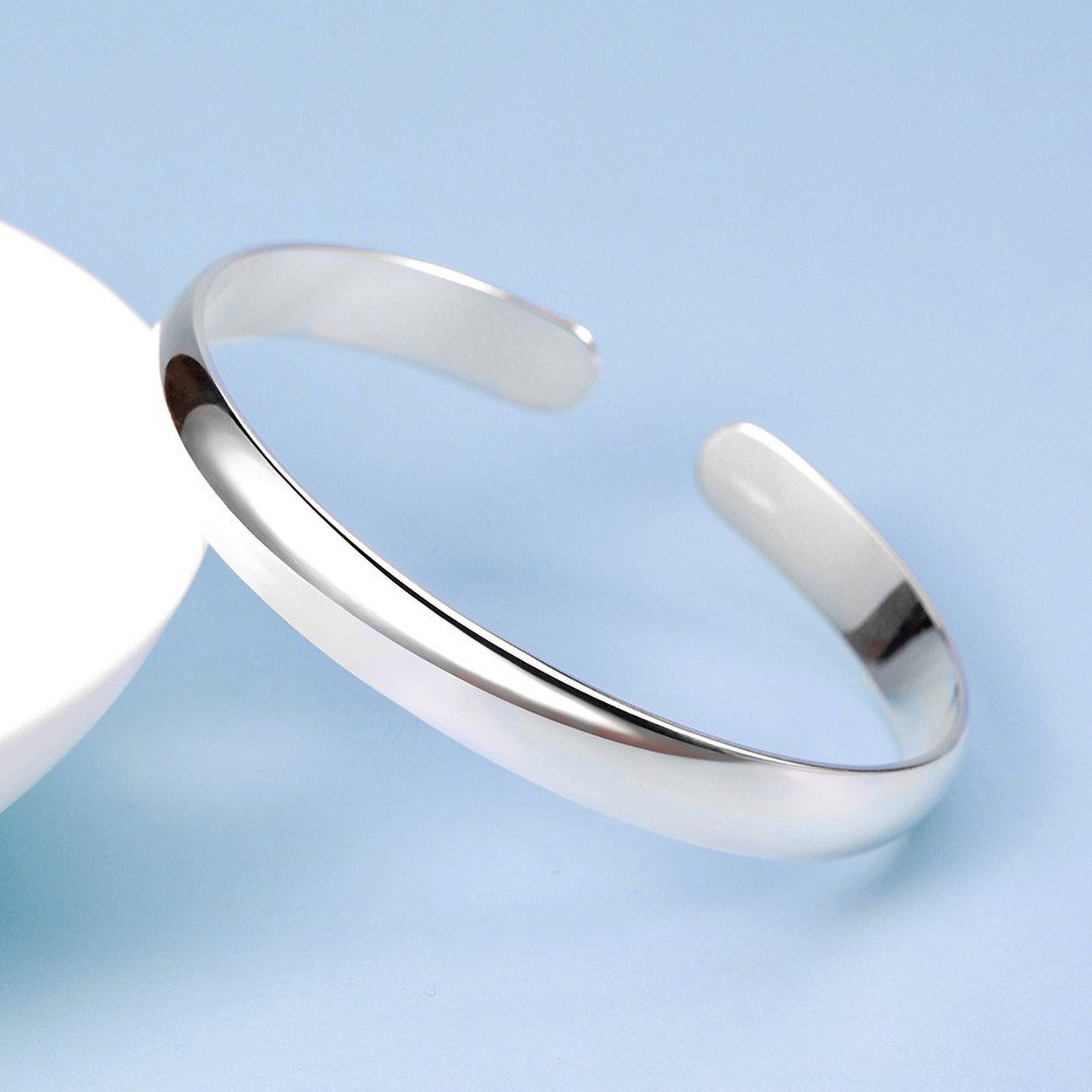 光面银手镯女9999纯银实心足银手镯子简约宽面开口银饰送妈妈女友