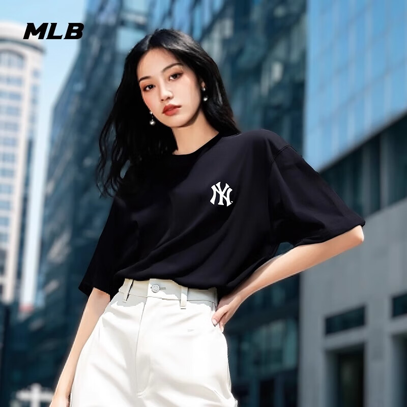 MLB情侣纯棉镂空NY大标短袖T恤