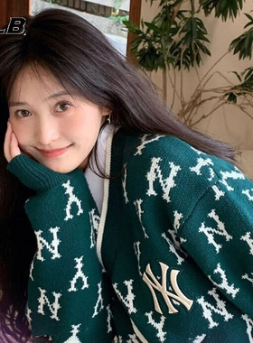 MLB针织开衫男女NY老花满标复古情侣学院风ins毛衣外套3AKCM0124