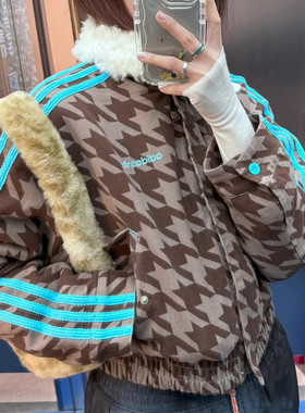 Adidas阿迪达斯三叶草棉服女运动休保暖复古千鸟格休闲外套KA9732