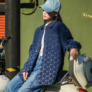 MLB牛仔外套春夏男女同款NY满花翻领渐变宽松夹克上衣3ADRM0944