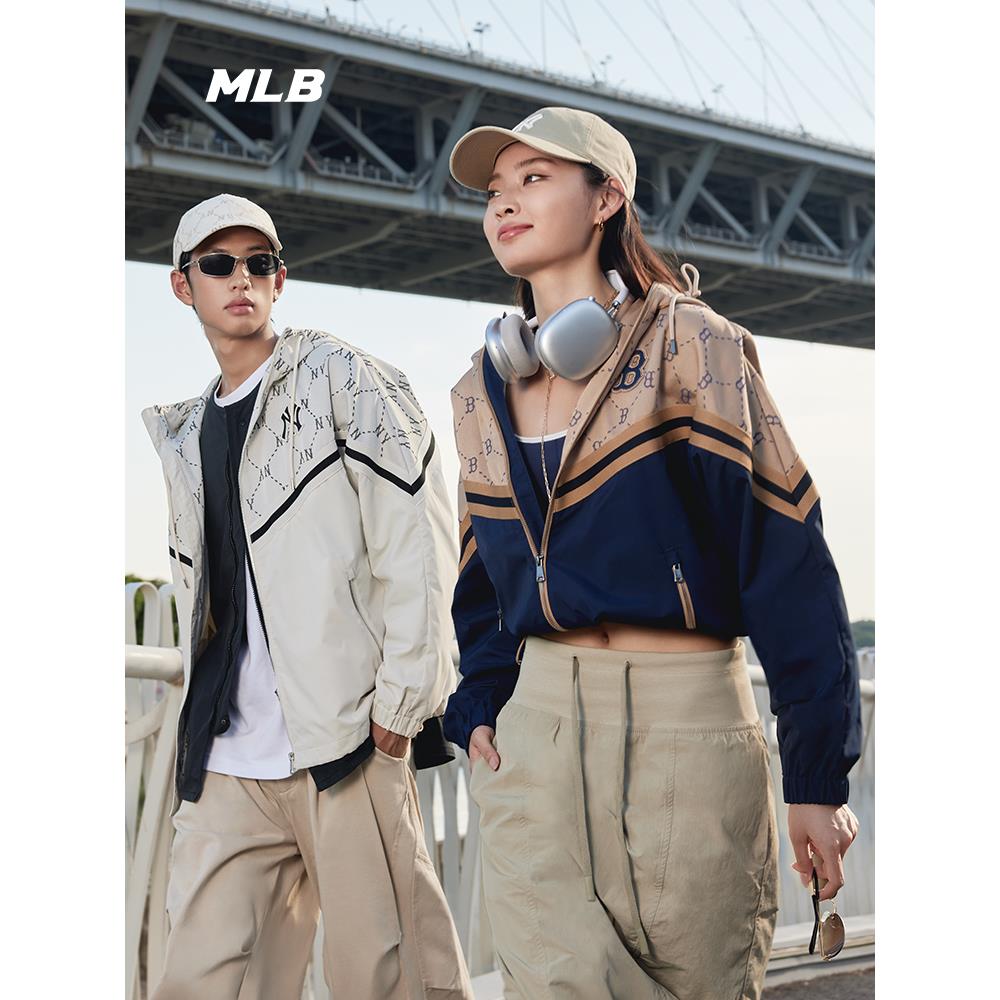 MLB冲锋衣虞书欣同款复古NY复古老花拼接收腰夹克外套3AWJM0144