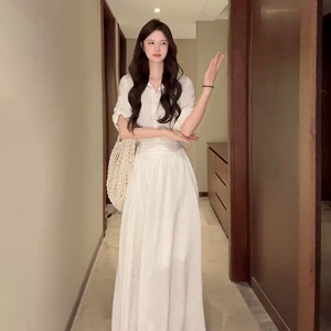 白色polo领短袖衬衫连衣裙女夏季高级感修身裙子气质收腰a字长裙