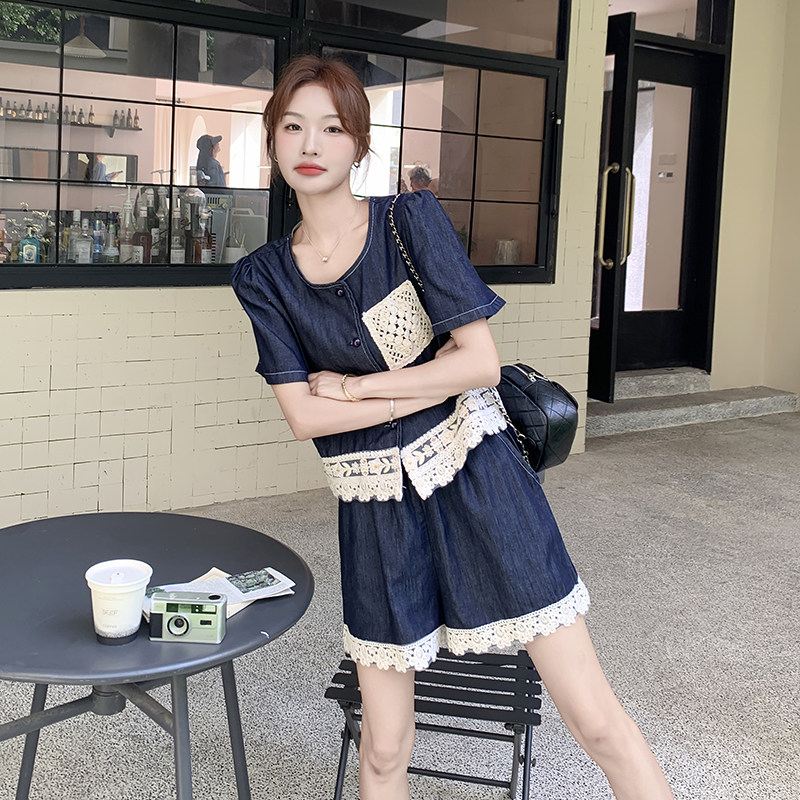 现货2D078-T2063-P145K198蕾丝拼接牛仔套装短裤两件套