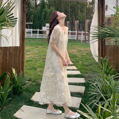 现货 刺绣米白色仙女连衣裙夏季 2D036-8007-p130-k188