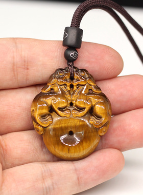 天然虎眼石平安发财男女吊坠招财双貔貅平安扣挂件黄虎眼虎晶石坠