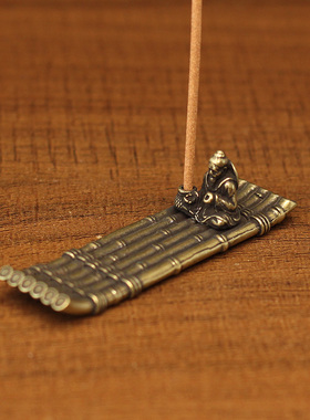 实心黄铜励志名言了凡四训渔船香插摆件渔翁竹排迷你竹筏香座古典