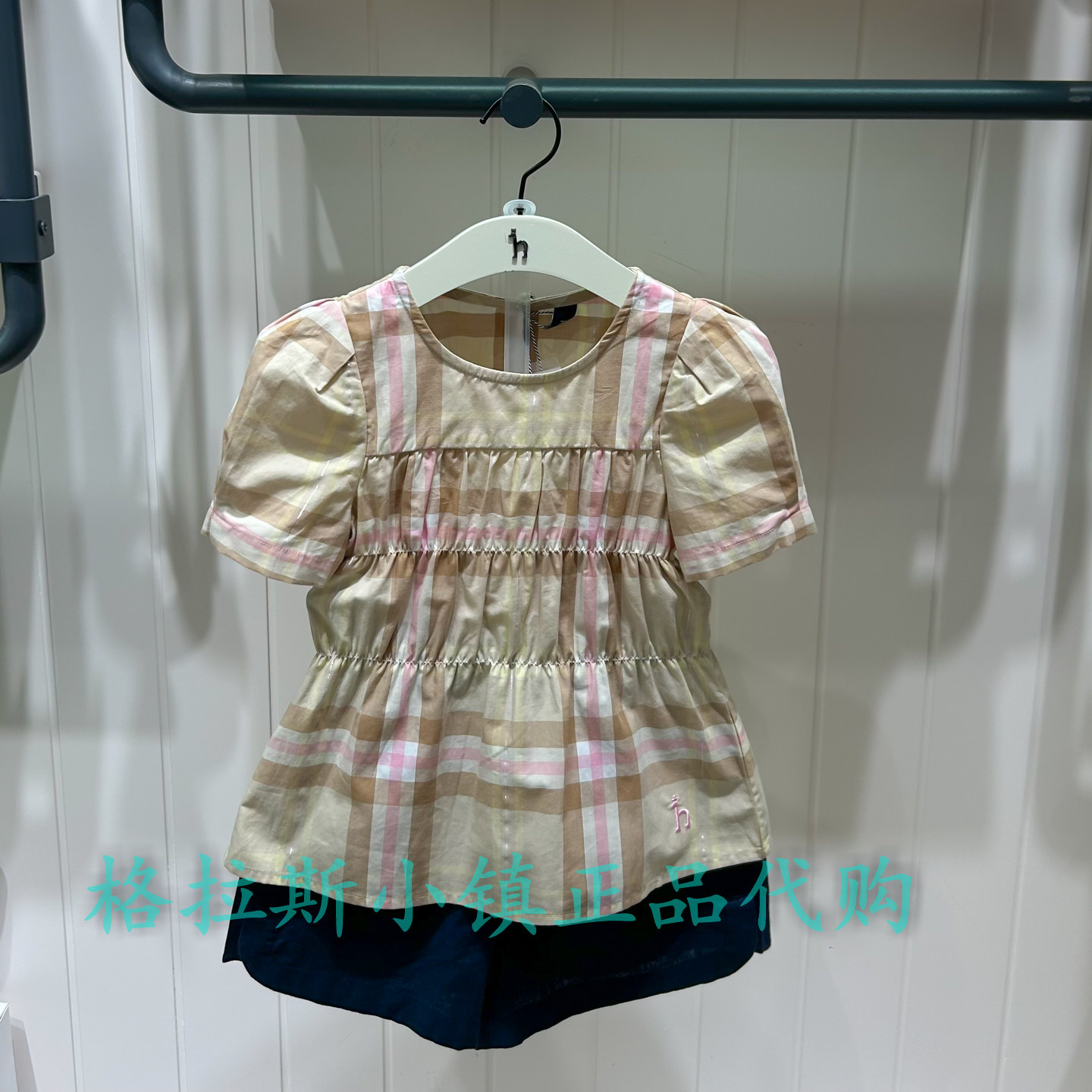哈吉斯童装夏女童圆领格子衬衣