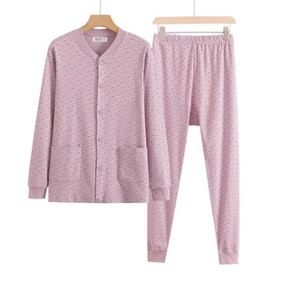 奶奶对襟保暖内衣纯棉线衣线裤 中老年秋衣秋裤 棉毛衫 女士开衫 套装