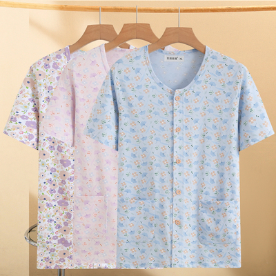 夏季纯棉短袖开衫花卉妈妈背心