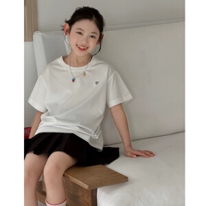 大E小e童装2026夏季新款女中大童爱心刺绣宽松休闲短袖T恤潮5672