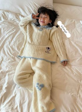 U+mail韩国童装2025冬男女童Polo领半边绒睡衣套装儿童家居服3311