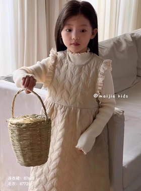 麦迦女童连衣裙2023冬款飞袖甜美公主裙绣花加绒无袖背心裙87628