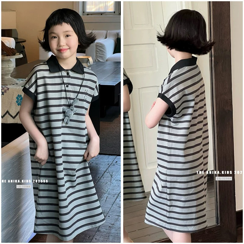 ANIKA童装儿童条纹翻领POLO衫连衣裙25夏新女童中大童长裙子3256