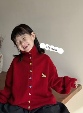 U+mail童装2025新年款男女童暮红色翻领小马刺绣毛衣开衫3328潮