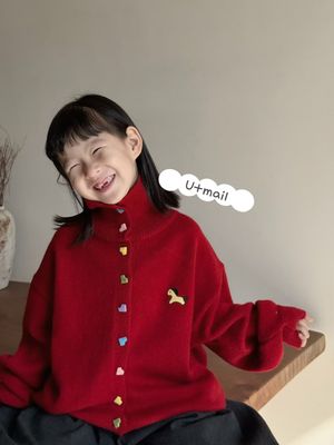 U+mail童装2025新年款男女童暮红色翻领小马刺绣毛衣开衫3328潮