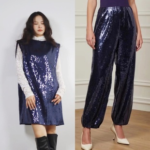 【特】巴西AJ 流光溢彩 时髦精蓝色亮片垫肩短款连衣裙礼服长裤