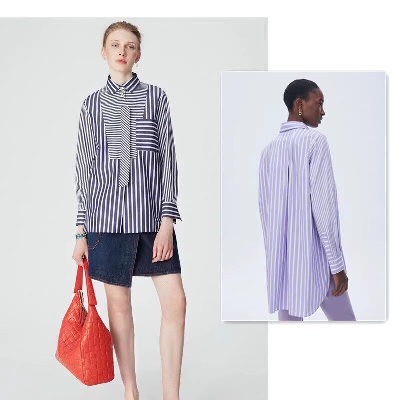 宽松型休闲风长袖棉长款条纹衬衫