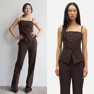 吊带收腰马甲直筒显瘦开衩西裤 丹麦ss 套装 高级感咖色西装 老钱风