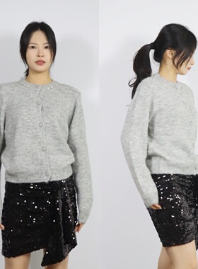【特】西班牙 雷系miu风 带钻浅灰色圆领12岁大女童长袖毛衣开衫