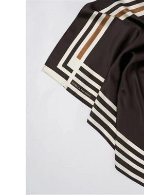 澳洲cm 时尚线条 简约高冷咖色撞色条纹方块百分百斜纹真丝围巾