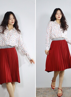 【特】风琴悦耳 百褶深红色法式气质百搭松紧带弹力撞色半裙中裙