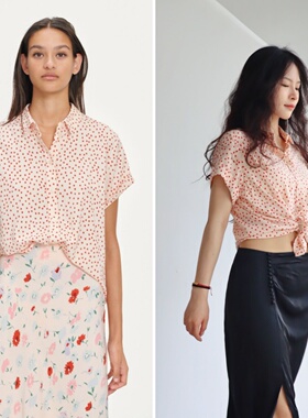 丹麦ss 法式小甜心 红色波点复古甜美翻领卷边百分百人棉短袖衬衫