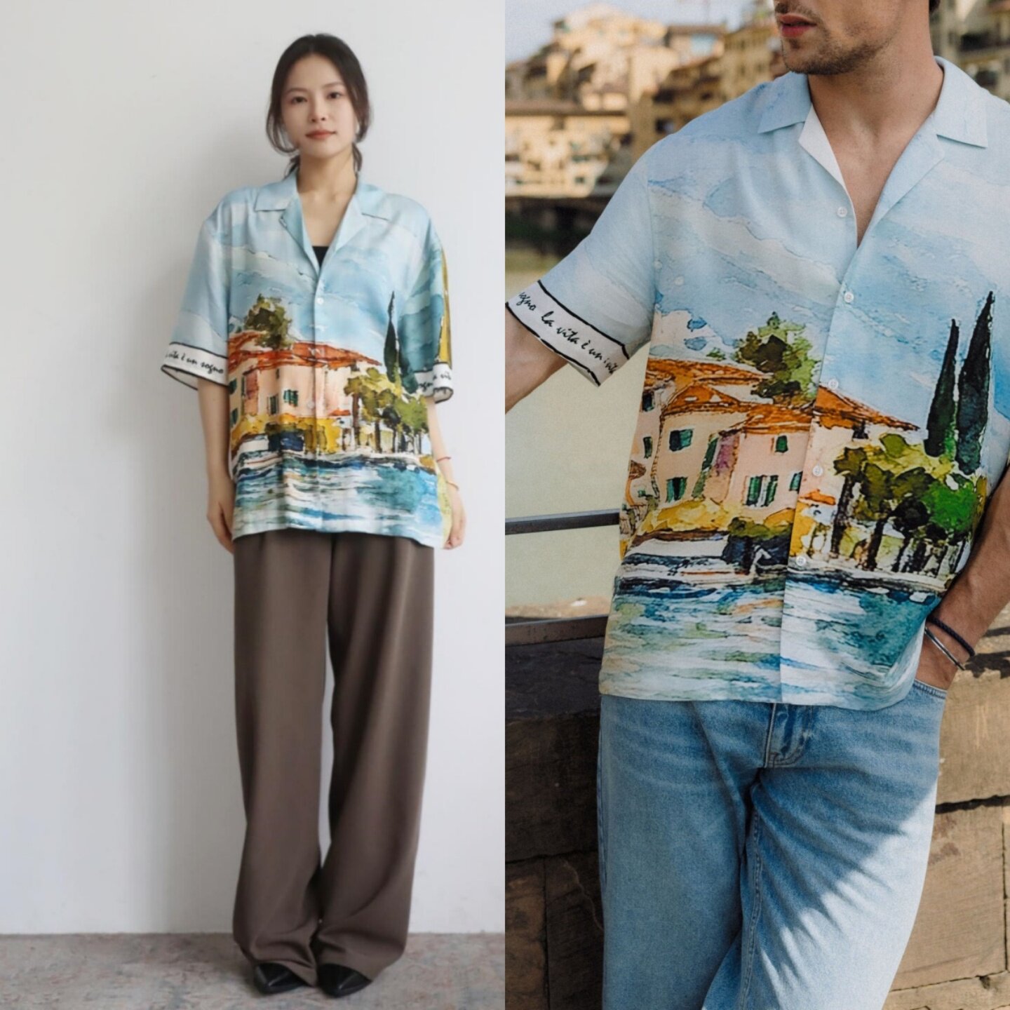 丹麦UP 写意浪漫 油画复古手绘风景印花短袖衬衫男女同款度假上衣