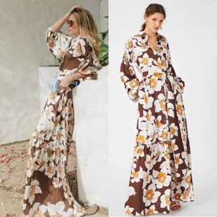 特 大花斜纹腰带灯笼袖 西班牙皇室PG 权杖 长裙连衣裙 大女主