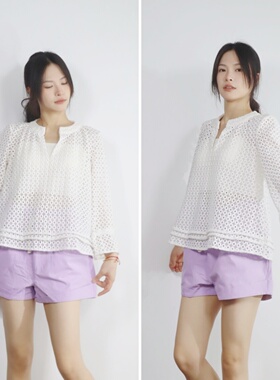 北欧小众 设计感镂空拼接V领上衣气质通勤白色长袖宽松休闲衬衫女