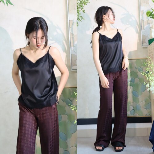 法式甜美真丝蕾丝开衩吊带