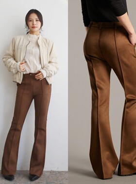 意大利m@x 腿精画手 复古低腰漫画腿显瘦显直棕色微喇麂皮绒长裤