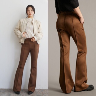 复古低腰漫画腿显瘦显直棕色微喇麂皮绒长裤 意大利m@x 腿精画手