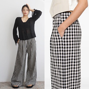 岁月不败黑白格 不费力气高级感拖沓及地棉高腰弹力格子阔腿长裤