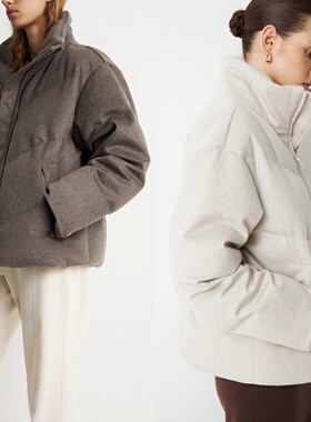 北欧小众LI 拥抱冬天 羊毛羊绒毛呢宽松茧型垮肩白鸭绒外套羽绒服